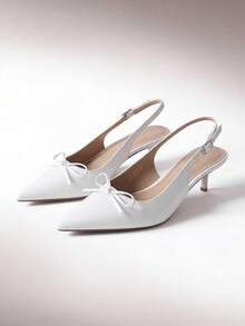 Womens Slingback Kitten Heels, Pointed Toe 2.17 Inch Low Bow Dress Shoes All Day Wear Comfortable Formal Wedding Pumps - 白色 - 查看 2
