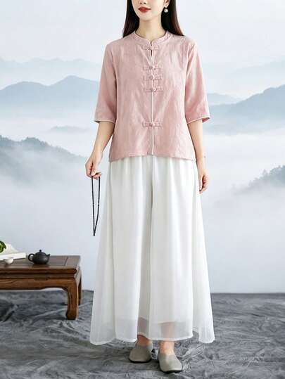 LUCIDVUE 2 Parçalı Kadın Geliştirilmiş Çin Tarzı Hanfu Takımı, İlkbahar/Yaz, El Yapımı Düğmeli Keten Jakarlı Üst, Pembe Gömlek, Beyaz Şifon Geniş Paçalı Pantolon, Lastikli Bel, Zen Esintili Akıcı Çay/Yoga Kıyafeti, Zarif Günlük Tatil Takımı