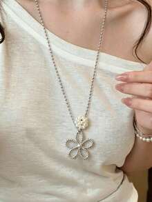 Korean Style Metal Beaded Pearl Flower Long Hollow Flower Pendant Necklace, Lightweight Luxury Sweater Chain For Women - Silver - View 2