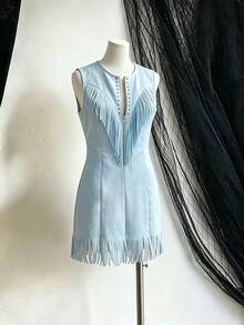 Mother's Day Gift 2026 Summer Western Style Vintage V-Neck Knitted Fabric Tassel Faux Suede Dress Slim Fit Suitable For Bohemian Style Mini Midi Dress - 天藍色 - 查看 7