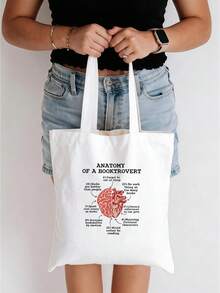 1pc Anatomy Of A Booktrot Canvas Tote Bag, "Would Rather Be Reading" Design With Brain Heart Book Lover Traits, White Bookworm Humor Bag For Library School Commute, Gifts For Readers Book Lovers Women Men - Multicolor - View 2