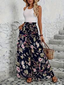 Women's Wide Leg Trousers With Elastic Waist And Print - Black Print - View 12