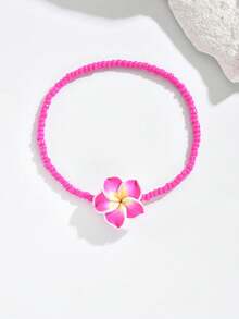 3pcs Bohemian Soft Ceramic Plumeria Pendant Seed Bead Anklet For Women, Daily Beach Vacation Wear, Summer Foot Jewelry - Hot Pink - View 3