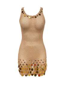 Vestido corto de verano sin mangas con diseño de lentejuelas, tirantes finos y transparente para playa y vacaciones, nueva llegada 2026 - Camel - Ver 2