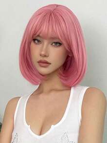 Women's Elegant Pink Bob Wig, Heat-Resistant Fiber, Straight Hair, Rose Net Cap, 100% Density, Suitable For Everyone - Versatile Pink Shoulder-Length Wig - 彩色 - 查看 3