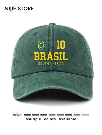 1pc "Brazil South America" Numeral 10 Print Washed Baseball Cap, Retro Style, Unisex, Brazil National Flag Sports Cap, Football Fan Outdoor Travel Accessory Sun Hat, Sports Cap For Men