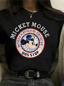 Summer T-Shirt, MICKEY MOUSE BUS STOP. Suitable For Daily Wear, Easy To Wear In Summer, Micro-Elastic, Soft Round Neck Casual Daily Coat, Including Disney Fashion Print, Round Neck Summer Sweatshirt, For Both Men And Women, Holiday Gifts. - Black - View 1