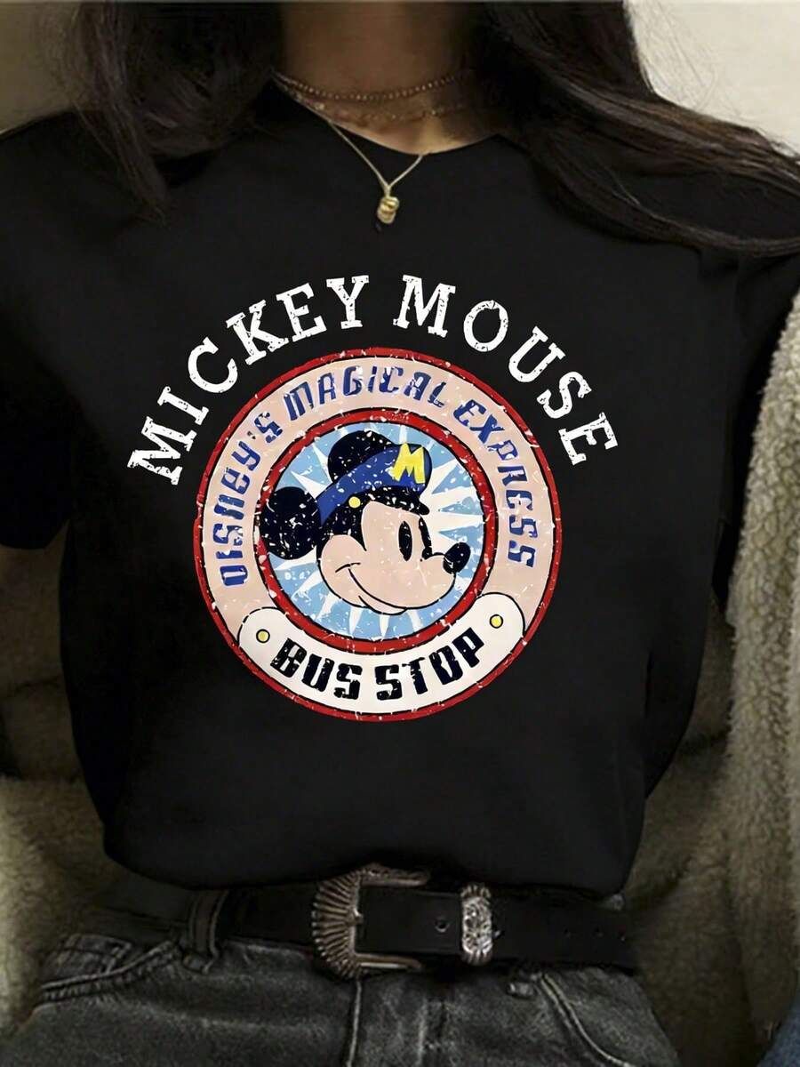 Summer T-Shirt, MICKEY MOUSE BUS STOP. Suitable For Daily Wear, Easy To Wear In Summer, Micro-Elastic, Soft Round Neck Casual Daily Coat, Including Disney Fashion Print, Round Neck Summer Sweatshirt, For Both Men And Women, Holiday Gifts. - Black - View 1