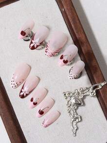 24 pièces Autocollants d'ongles pointus doux de style français cerise, design cerise + pois + floral, convient pour le port quotidien prolongé des femmes, set de faux ongles d'été - Rose bonbon - Voir 5