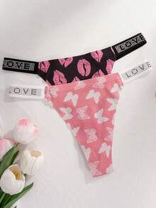 5pcs/Set Comfortable Skin-Friendly LOVE Letter Rhinestone Decor Sexy Sweet Print Plus Size Seamless Thong Panties For Women - Multicolor - View 9