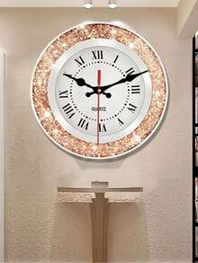 1pc 2D Flat Rose Gold Diamond Roman Numeral Pattern Round Wall Clock - Suitable For Bedroom, Living Room, Office, Kitchen And Bathroom Decor - 12/14 Inches (Batteries Not Included) - Multicolor - View 3