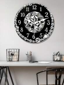 1 Stück 2D flache Holz Wanduhr, schwarzer Hintergrund mit Diamant Dekor, runde Uhr, glänzender Strass Rahmen, geometrisches synthetisches Edelstein Design, geeignet für Wohnzimmer, Schlafzimmer, Büro, Hotellobby, Esszimmer Dekoration - Verschiedenfarbig - Übersicht 4