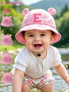 1 pieza Sombrero de cubo para bebé con diseño de oreja linda, sombrero de sol con estampado de letras A-Z para niños, estilo casual con cordón ajustable, adecuado para protección solar al aire libre y en la playa - Rosa - Ver 1