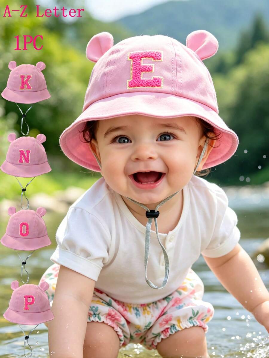 1 pieza Sombrero de cubo para bebé con diseño de oreja linda, sombrero de sol con estampado de letras A-Z para niños, estilo casual con cordón ajustable, adecuado para protección solar al aire libre y en la playa - Rosa - Ver 1