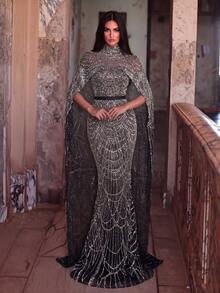 Faeriesty Women's Luxury Evening Gown - Sparkling Sequin Flared Mermaid Hem Dress, Suitable For Weddings And Red Carpet Events - 黑色 - 查看 5
