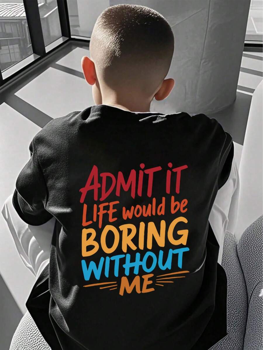 Tween Boy-Slogan Print T-Shirt, Suitable For Boys Outdoor Sports, Boys Spring/Summer Casual Versatile Top - Black - View 1