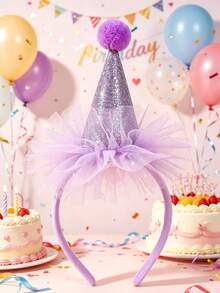 1pc Happy Birthday Purple Tulle Headband, Rhinestone Birthday Hat Headband, Fashion Hair Accessory, Holiday Decor Gift For Girls - Multicolor - View 3