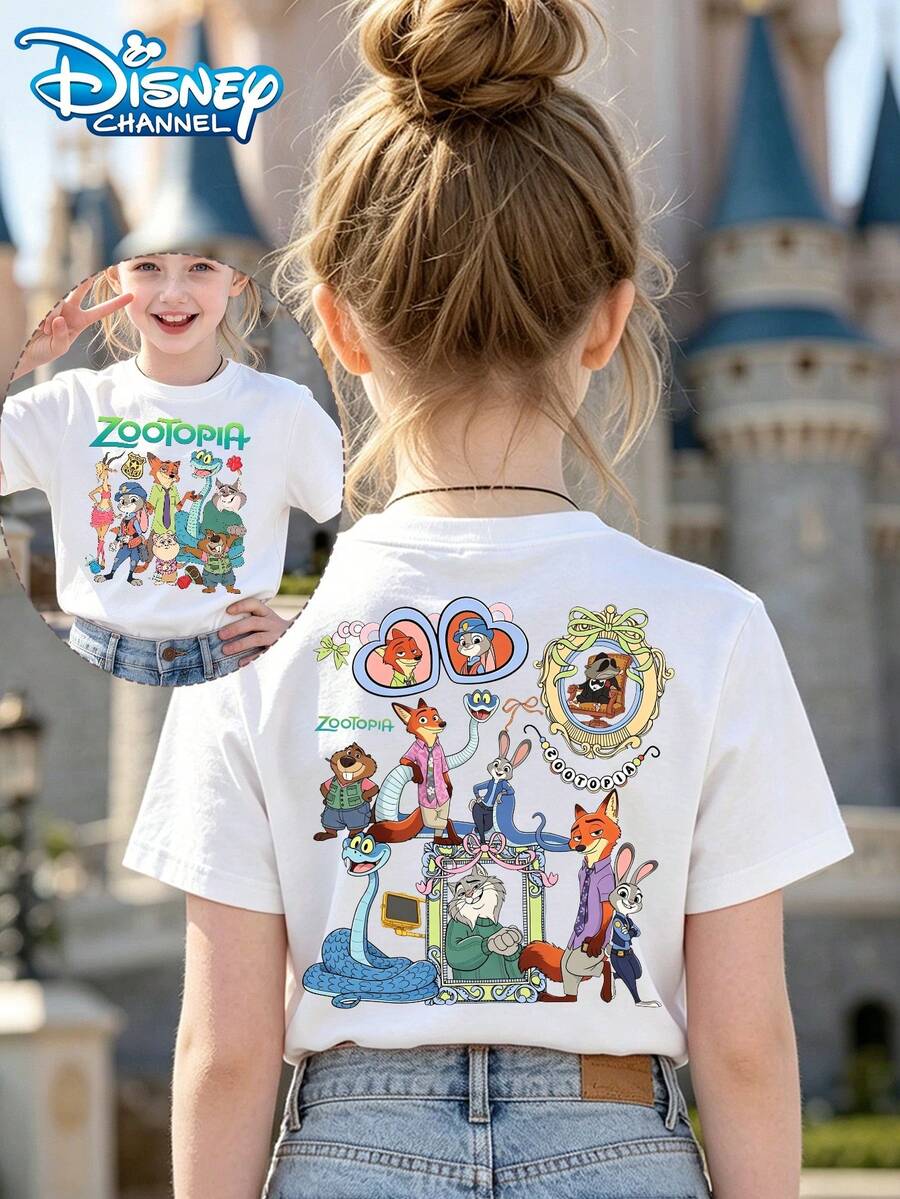 Disney Zootopia Full Character Girls Cotton Tee, Soft Washable Summer Top, Ideal For Theme Park, Daily Outing, Holiday & Birthday Gift For Tween Girls - White - View 1