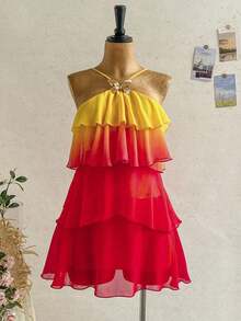 FJDVSoleia Nuevo vestido elegante y romántico para invitados de boda, de unicolor, con espalda descubierta, multicapa con volantes de gasa, minivestido, adecuado para estilo bohemio, boho, flores románticas, vacaciones, fiestas florales, citas, San Valentín, Pascua, carnaval, té de la tarde, playa, crucero, vacaciones en la ciudadFBSB 1SYR - Naranja Quemada - Ver 7