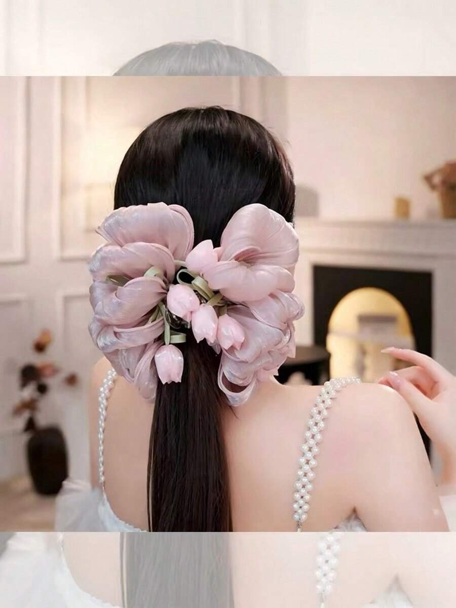 1个精美粉色郁金香花朵发爪夹，2026新款蓬松发髻盘发配饰