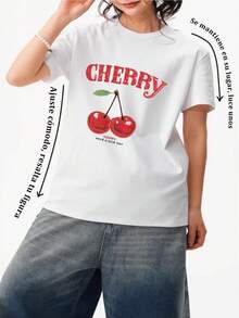 Women's White T-Shirt, Casual Short-Sleeved T-Shirt, Round Neck, Cherry Print, Casual Spring And Summer Wear,  Blouse, Casual Fit T-Shirt Style - 白色 - 查看 4