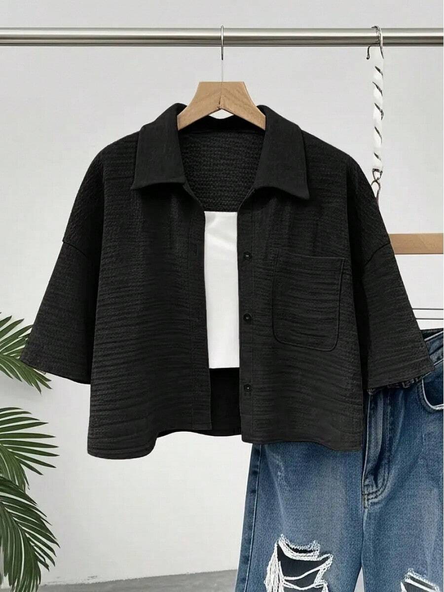 New Women's Shirt With Buttons And Pockets In Solid Color, Short Style With Medium Sleeves. - Black - View 1