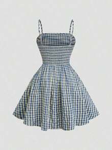 LUNE CURVE Vestido corto de verano casual y elegante para vacaciones en la playa, de talla, con estampado de cuadros azul y blanco, sin mangas, con tirantes ajustables, plisado en el busto y cintura ceñida en forma de línea A - Azul y blanco - Ver 5