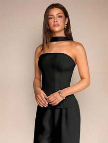 Set de 2 piezas para mujer con top sin mangas de cuello de halter y pantalones largos para el verano, estética de oficina y uso diario - Negro - Ver 7