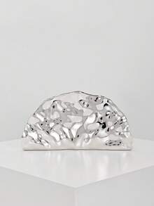 復古金屬扇形設計晚宴手拿包，金色正式禮服手提包，派對舞會用，不對稱造型女款單肩斜跨包 - 銀色 - 查看 5