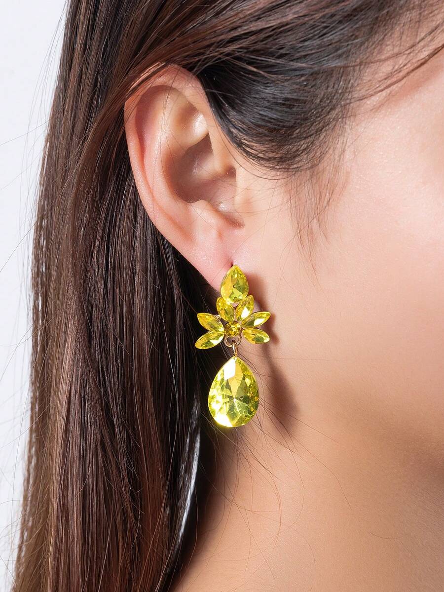 1 Pair Women's Teardrop Shaped Colorful Floral Diamond Earrings Suitable For Going Out - Yellow-e072 - View 1