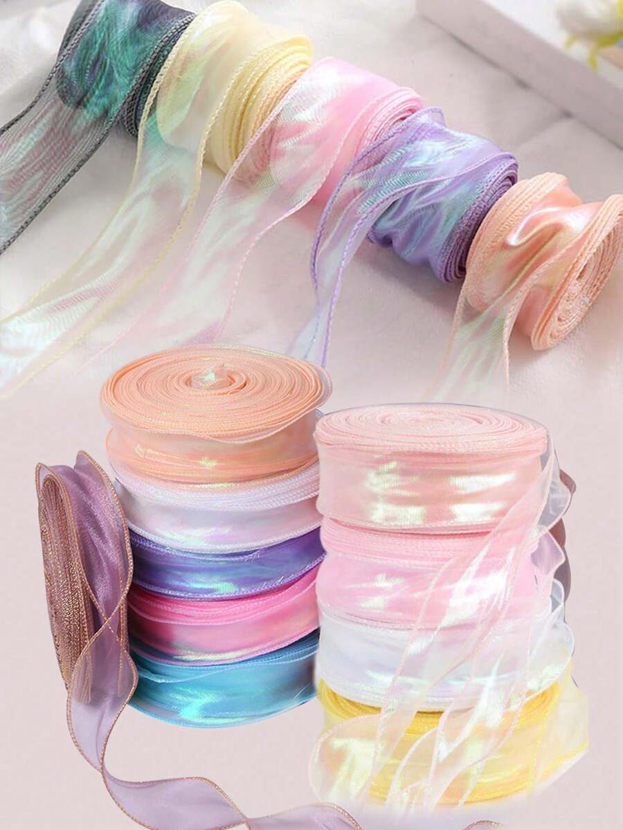 Cintas de flores de hilo de cola de pez iridiscente, empaquetado de ramos, cinta de organza con alambre para decoración de bodas, regalos, cumpleaños y fiestas
