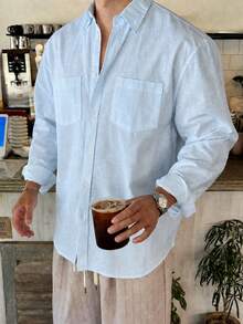Whitmere Men's Casual Loose Breathable Linen Long Sleeve Shirt, Versatile Vacation Lapel Collar Shirt - Blue - View 5