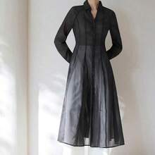 Camisa elegante y sexy de tela texturizada transparente, vestido camisa maxi con cuello en V, mangas de pétalo, manga larga, cintura ceñida y falda plisada y acampanada para mujeres - Negro - Ver 6