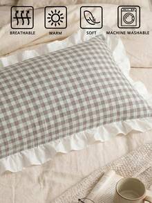 1pc Mint Chocolate Plaid Long Pillowcase (Pillow Insert Not Included), With Ruffle Design, Comfortable And Breathable Polyester Fiber Material, Suitable For Bedroom, Home Decor, Multi-Functional Daily Fresh And Cute, Plaid Pillowcase, Ruffle Design, Mint Chocolate Tone, Comfortable Bedding, Cute Aesthetic, Popular Style - Multicolor - View 5