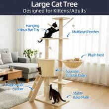 Multi-Level Wooden Cat Tree With Space Capsule & Clear Bubble Nest, Cat Tower With Sisal Scratching Posts, Perches & Hanging Toy, Stable Activity Center For Indoor Cats - Beige - View 3