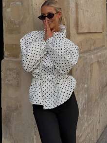 Casual Vintage Polka Dot Bomber Jackets Sashes Slim Turtleneck Women Jacket Festival Elegant Simple Holiday Outwear Streetwear Y2K Girl Jacket White - White - View 2