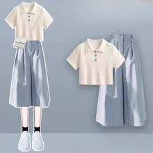 Women Two-Piece Outfits - Apricot Short-sleeved Top + Blue Culottes - View 3
