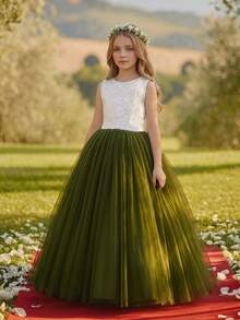 Tween Girl White Lace Patchwork Contrast Color Mesh Sleeveless Dress, Flower Girl Wedding Party Formal Gown - Dark Green - View 2