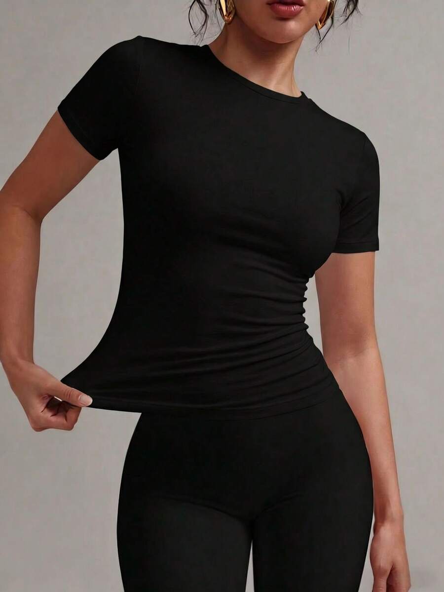 Mystra Women's Solid Color Round Neck Short Sleeve Pleated Casual T-Shirt, Summer - Charcoal Black - View 1