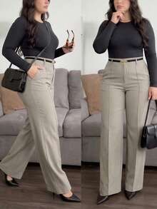 (Cinturón no incluido) Pantalones de pierna recta de unicolor para mujer de talla grande con pliegues delanteros, botón y cremallera, crean fácilmente looks casuales y modernos - Caqui - Ver 1