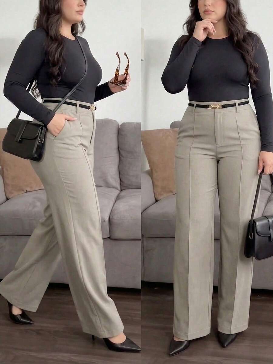(Cinturón no incluido) Pantalones de pierna recta de unicolor para mujer de talla grande con pliegues delanteros, botón y cremallera, crean fácilmente looks casuales y modernos - Caqui - Ver 1