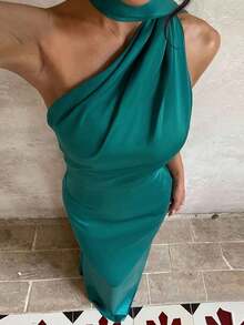 Elegante vestido de punto de una pieza en color sólido con espalda descubierta.Perfecto para fiestas, bodas y citas nocturnas de verano - amarillo ganso - Ver 2