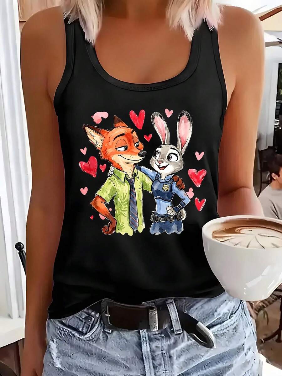 Disney Zootopia Judy Hopps & Nick Wilde Women's Racerback Tank Top - Watercolor Couple Print With Hearts Sleeveless Shirt, Casual Breathable Summer Top For Disney Trip, Vacation & Theme Park Outfit - 黑色 - 查看 1
