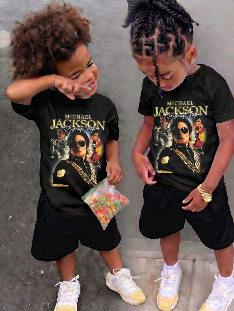 2-Piece Boys' Casual Printed Crew Neck Short-Sleeved T-Shirt Set, Comfortable And Casual, New Summer Arrival. - 黑色+黑色 - 查看 1