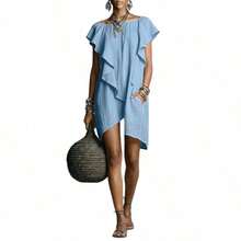 Women's Linen Blend Mini Dress, Boat Neck Ruffle Short Sleeve Asymmetrical Hem Shift Dress With Pockets, Casual Summer Outfit For Everyday & Vacation - 粉色 - 查看 8