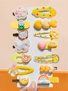 14pcs/Set Pinces à frange mignonnes de dessin animé, combinaison de couleurs fraîches de ton jaune avec des éléments de chat, ours en peluche, fleurs, couleurs vives et douces, convenant pour les chignons, les couettes ou les coiffures décontractées - Pour les femmes et les filles, convenant pour le quotidien, les rendez-vous, l'école, les vacances, la plage, les fêtes, les vacances, les cadeaux, la saison des remises de diplômes, barrettes à cheveux, pinces à cheveux - Multicolore - Voir 1