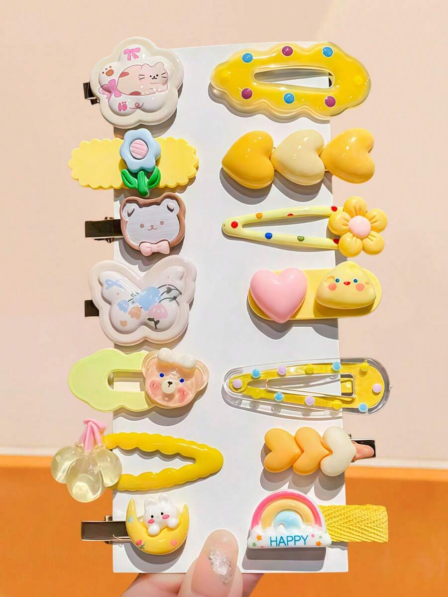 14pcs/Set Pinces à frange mignonnes de dessin animé, combinaison de couleurs fraîches de ton jaune avec des éléments de chat, ours en peluche, fleurs, couleurs vives et douces, convenant pour les chignons, les couettes ou les coiffures décontractées - Pour les femmes et les filles, convenant pour le quotidien, les rendez-vous, l'école, les vacances, la plage, les fêtes, les vacances, les cadeaux, la saison des remises de diplômes, barrettes à cheveux, pinces à cheveux - Multicolore - Voir 1