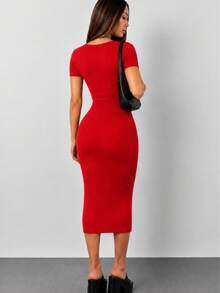 MHG Vestido Midi Ajustado Mujer Tela Rib Acanalada Manga Corta Casual Elegante Stretch Moldea Figura Moda Viral - Rojo - Ver 3