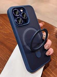 1pc Blue Matte Transparent Silicone Phone Case With Invisible Ring Holder, Suitable For IPhone 16 15 14 13 12 11 Pro Plus Max, Wireless Charging, Glass Lens Cover, Waterproof Shockproof Anti-Scratch - Navy Blue - View 1