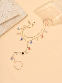 2pcs Gold Tone Finger Chain Mysterious Evil Eye Tassel Hand Chain, Charming Jewelry Accessory Suitable For Daily Wear And Party/Holiday, Handmade Colorful Beads On Chain Are Randomly Distributed - Multicolor - View 3